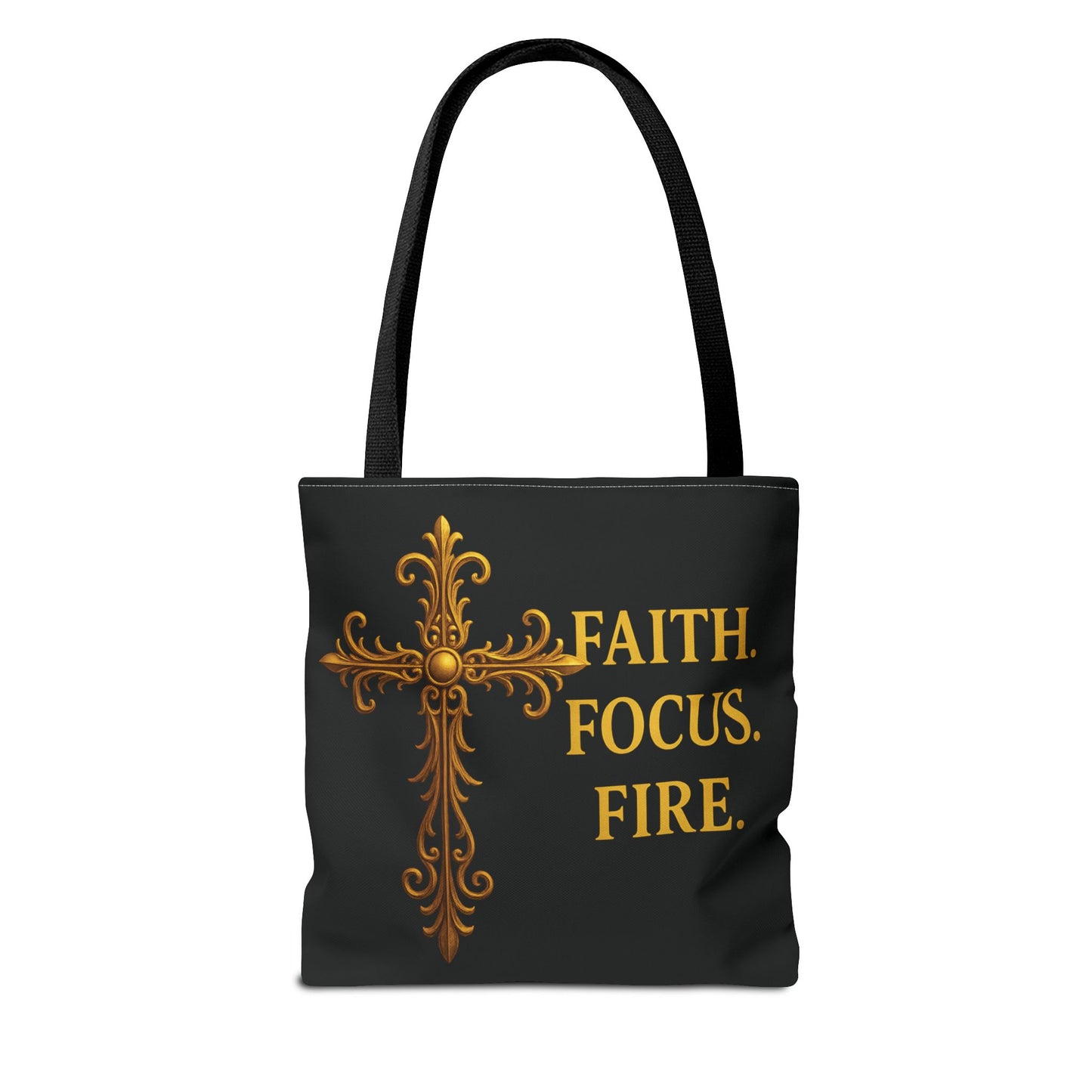"Faith Focus Fire" Tote Bag: Golden Cross Christian Gift