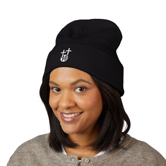 Calvary Cross Embroidered Cuffed Beanie with Unique Design, Cozy Winter Hat, Unisex Knit Cap, Perfect Gift for Him or Her, Trendy Beanie for Casual Wear