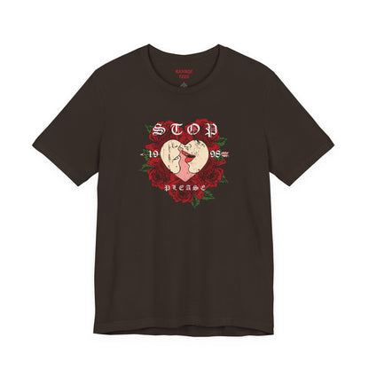 Romantic Graphic Tee, Stop Please Love Shirt, Unisex Kissing Tee, Floral Rose T-Shirt, Couple Gifts, Valentine's Apparel