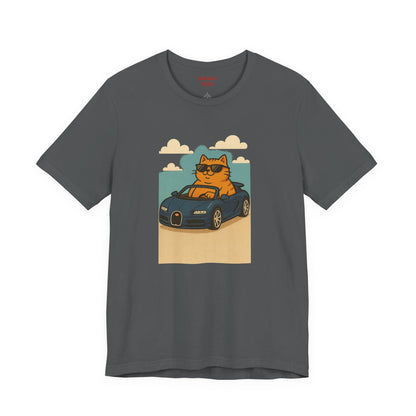Cat Driving Sports Car Tee — Retro Graphic Cat Race Shirt