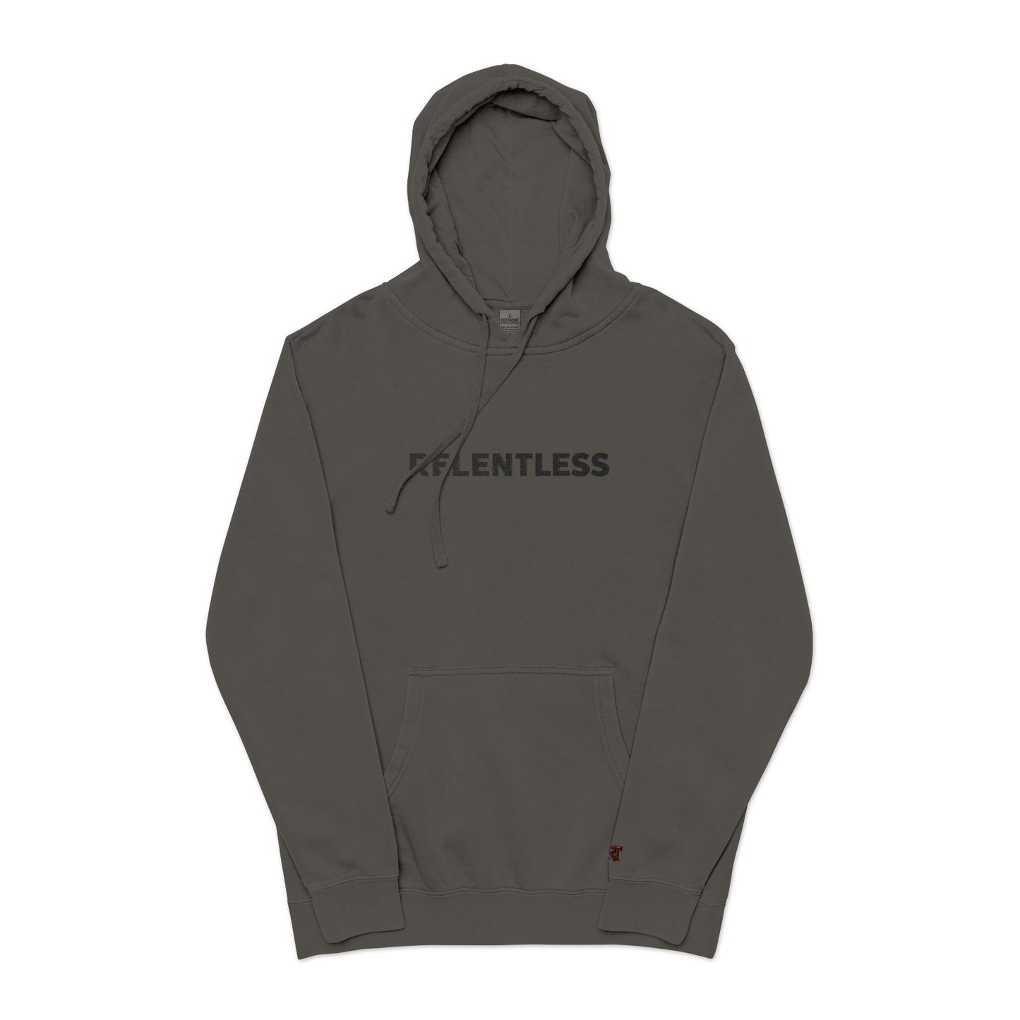Relentless Hoodie — Embroidered Pigment-Dyed Olive Motivational Pullover