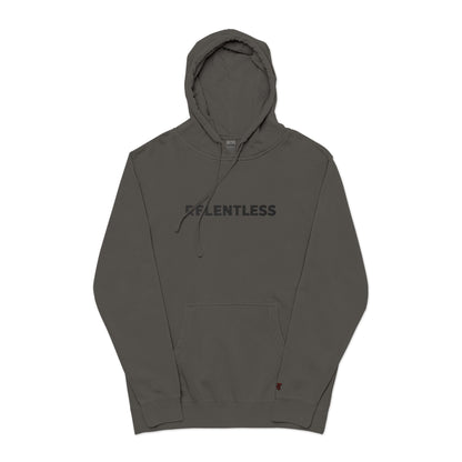 Relentless Hoodie — Embroidered Pigment-Dyed Olive Motivational Pullover