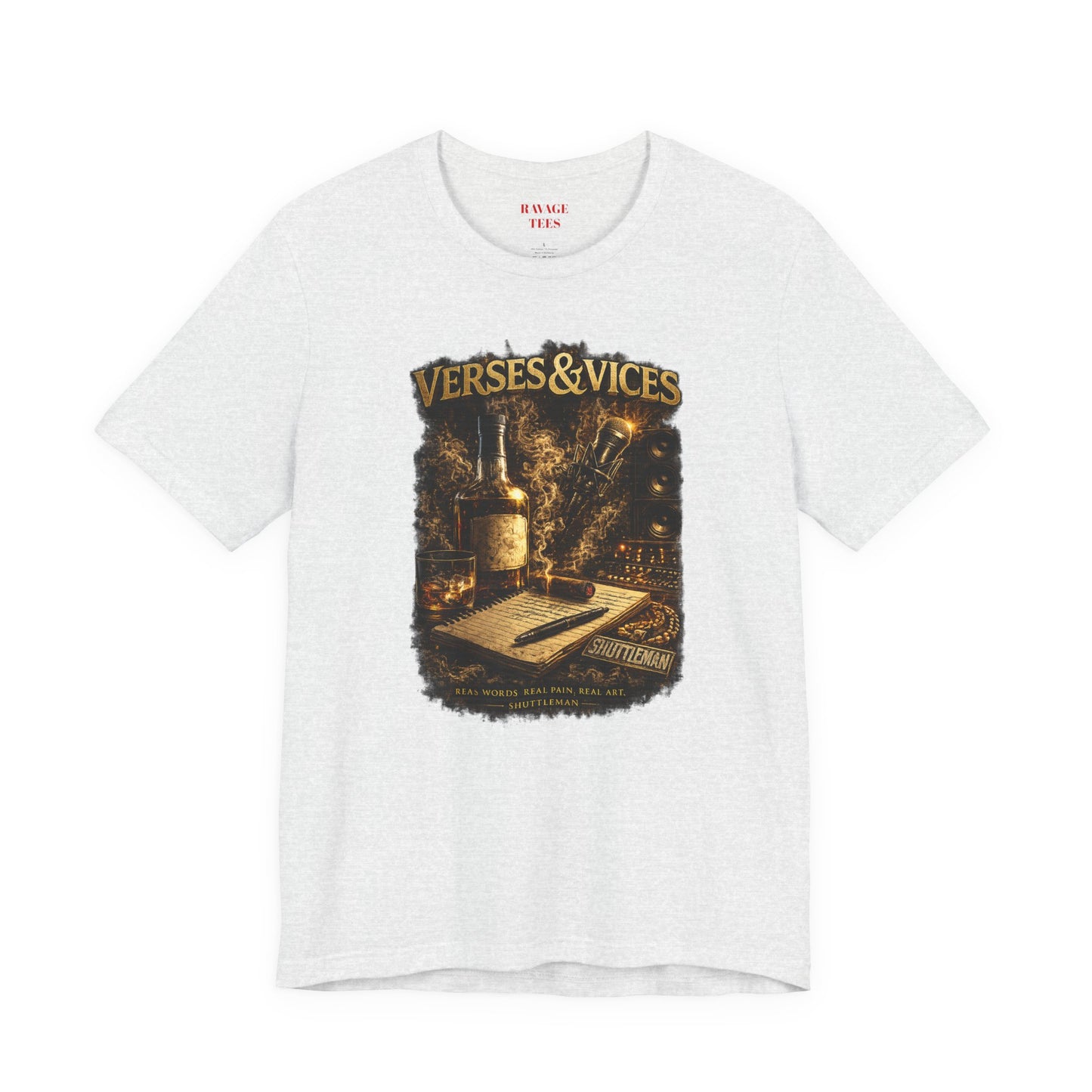 Verses & Vices Tee — Vintage Whiskey & Notebook Graphic T-Shirt