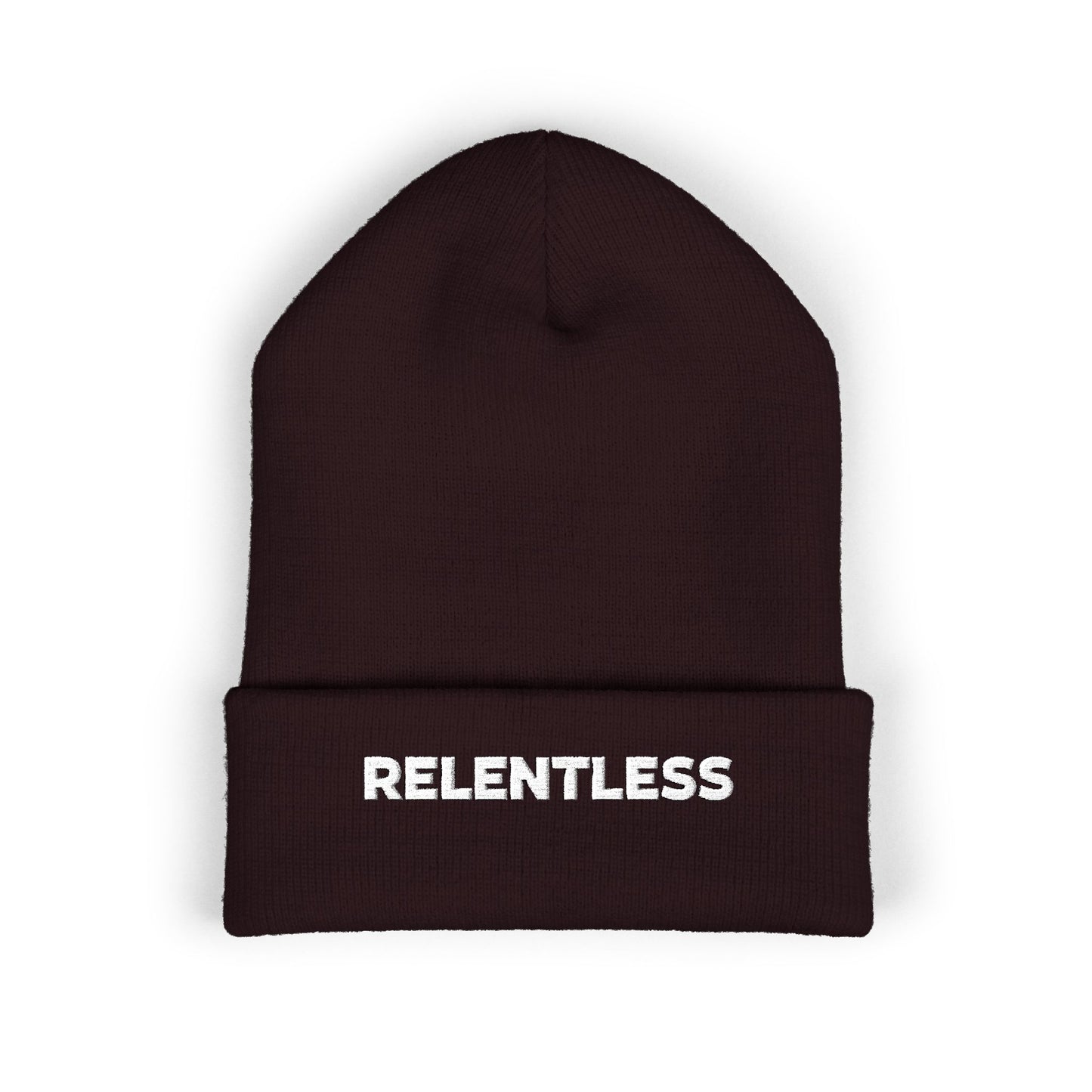 Relentless Embroidered Cuffed Beanie — Bold Motivational Knit Hat
