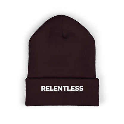 Relentless Embroidered Cuffed Beanie — Bold Motivational Knit Hat