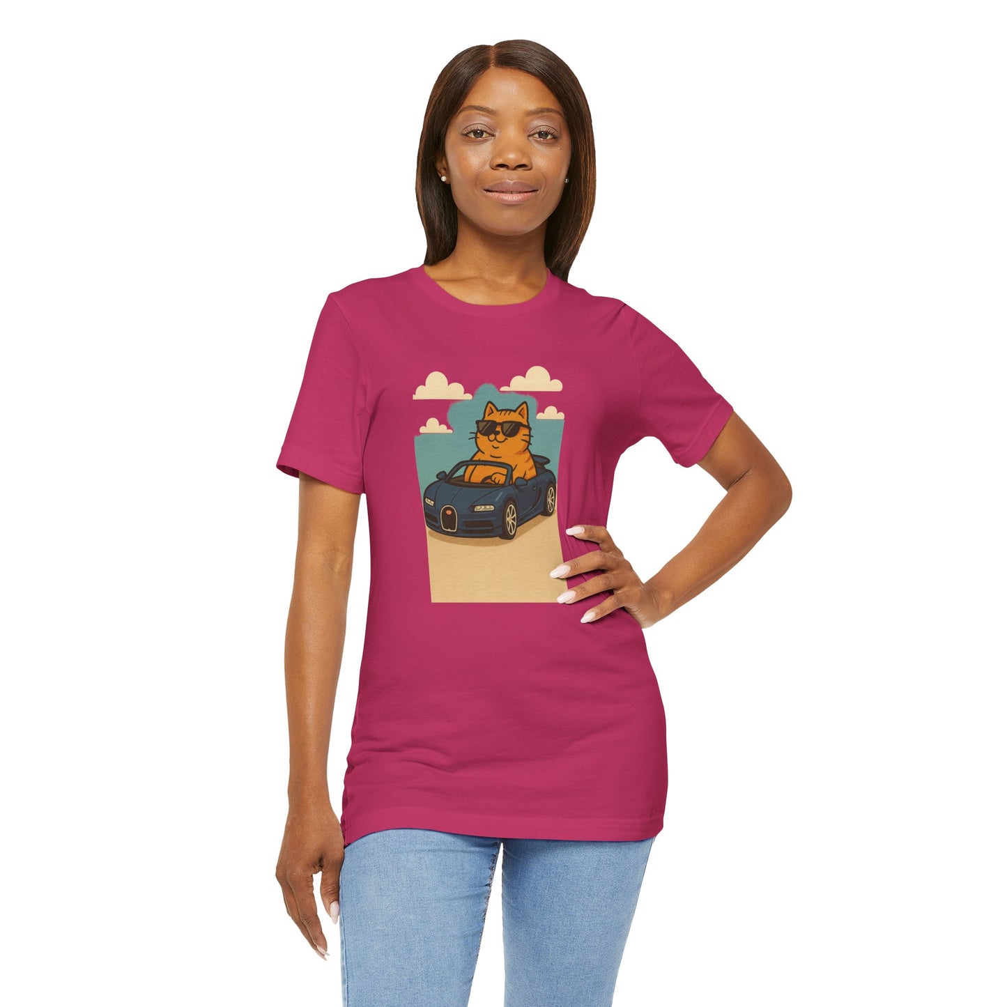 Cat Driving Sports Car Tee — Retro Graphic Cat Race Shirt