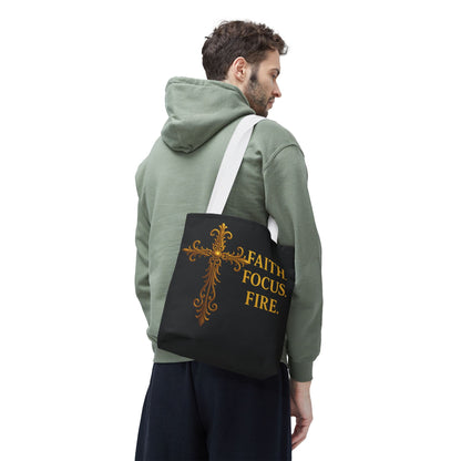 "Faith Focus Fire" Tote Bag: Golden Cross Christian Gift