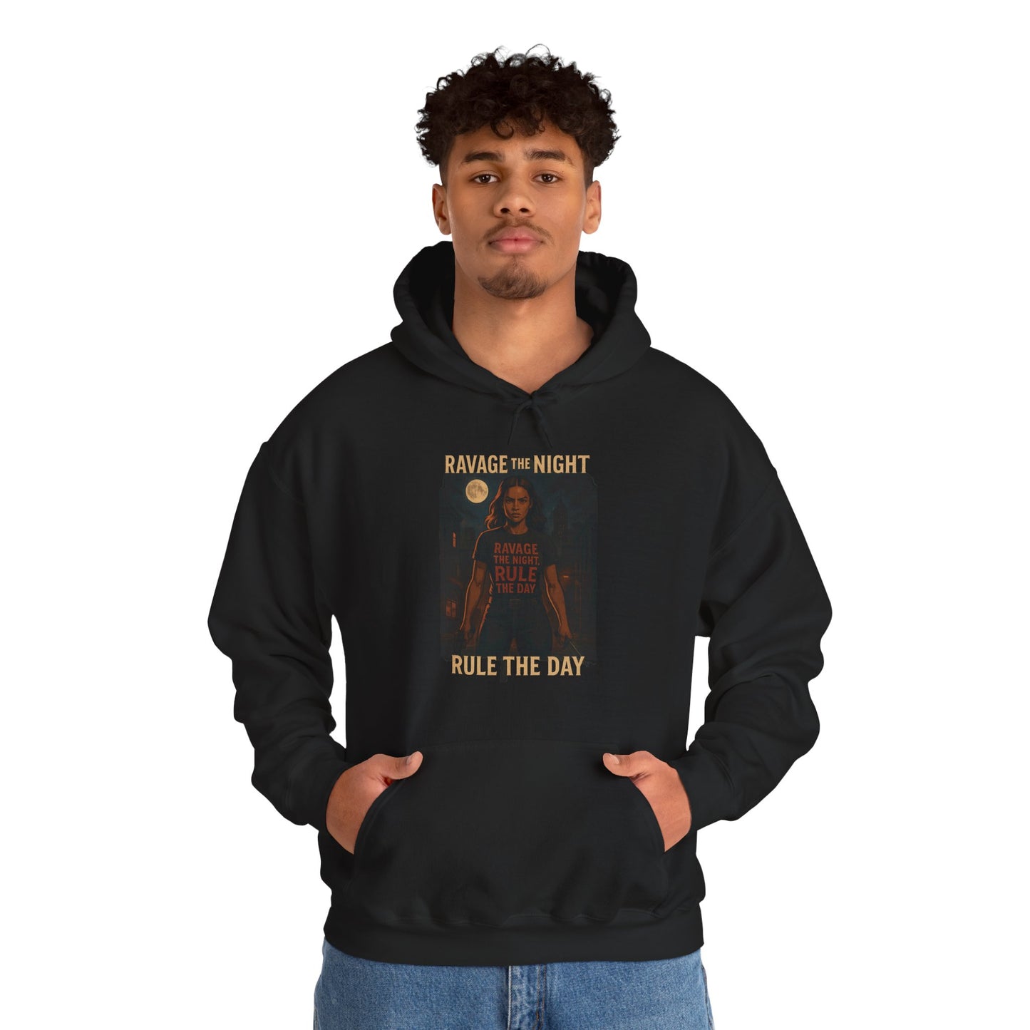 RAVAGE THE NIGHT RULE THE DAY Hoodie – Urban Adventure Graphic Sweatshirt, Cool Unisex Streetwear, Casual Wear, Unique Gifthion