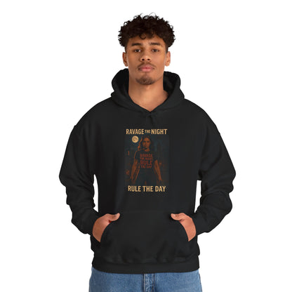 RAVAGE THE NIGHT RULE THE DAY Hoodie – Urban Adventure Graphic Sweatshirt, Cool Unisex Streetwear, Casual Wear, Unique Gifthion