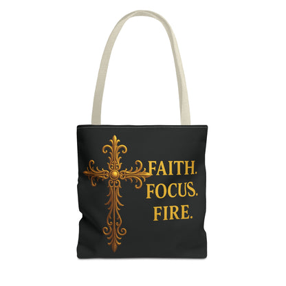 "Faith Focus Fire" Tote Bag: Golden Cross Christian Gift