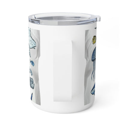 Ocean-Themed Insulated Coffee Mug, Shark and Jellyfish Design