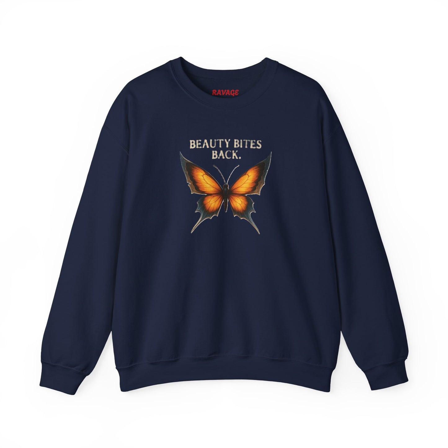 “Beauty Bites Back” Unisex Crewneck Sweatshirt – Heavy Blend Pullover for Casual Wear | Cozy Streetwear Gift for Her, Feminist Fashion Statement