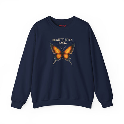 “Beauty Bites Back” Unisex Crewneck Sweatshirt – Heavy Blend Pullover for Casual Wear | Cozy Streetwear Gift for Her, Feminist Fashion Statement