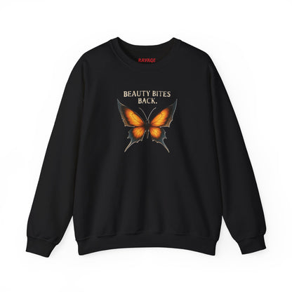 “Beauty Bites Back” Unisex Crewneck Sweatshirt – Heavy Blend Pullover for Casual Wear | Cozy Streetwear Gift for Her, Feminist Fashion Statement