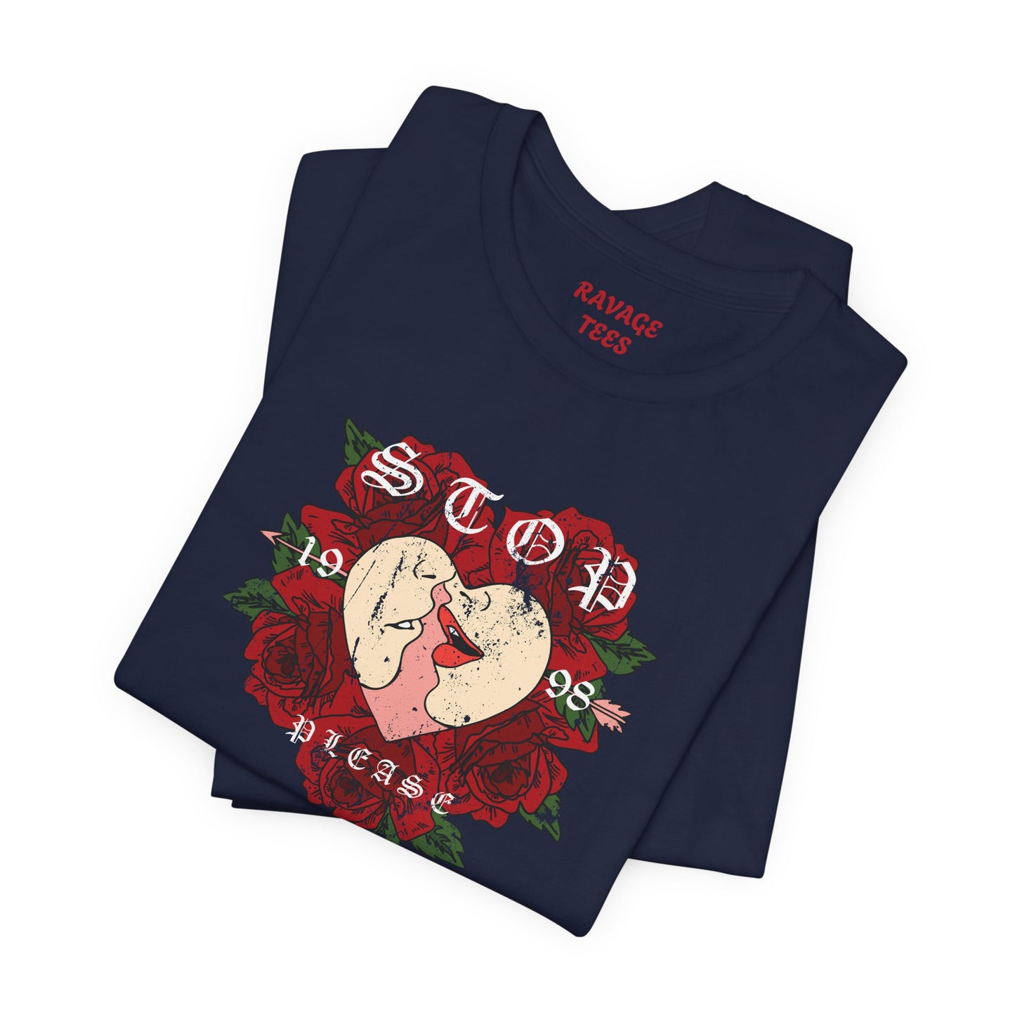 Romantic Graphic Tee, Stop Please Love Shirt, Unisex Kissing Tee, Floral Rose T-Shirt, Couple Gifts, Valentine's Apparel
