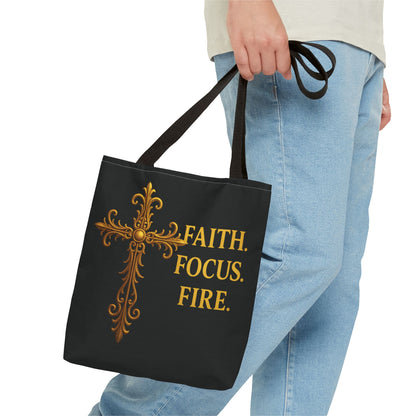 "Faith Focus Fire" Tote Bag: Golden Cross Christian Gift