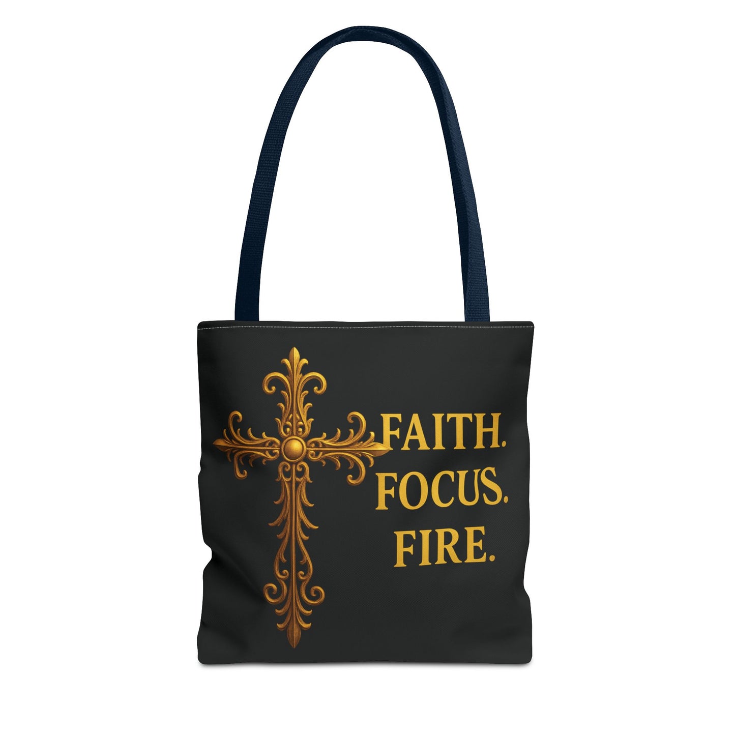 "Faith Focus Fire" Tote Bag: Golden Cross Christian Gift