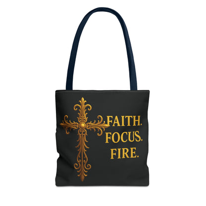 "Faith Focus Fire" Tote Bag: Golden Cross Christian Gift