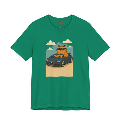 Cat Driving Sports Car Tee — Retro Graphic Cat Race Shirt
