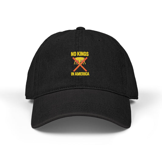 NO KINGS IN AMERICA Embroidered Denim Hat – Bold Statement Cap for Casual Style, Trendy Unisex Headwear, Fashion Accessory & Outdoor Gift Idea