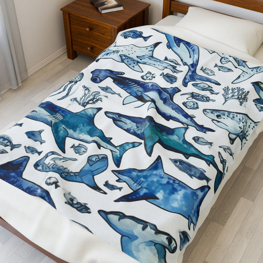 Ocean Themed Velveteen Plush Blanket | Shark Design Blanket, Cozy Home Decor, Gift for Beach Lovers, Nautical Room Accent, Birthday Gift