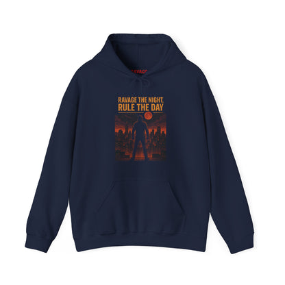 RAVAGE THE NIGHT RULE THE DAY Hoodie – Urban Adventure Graphic Sweatshirt, Cool Unisex Streetwear, Casual Wear, Unique Gifthion