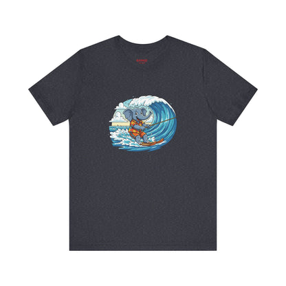 Surfing Elephant Unisex Tee, Beachwear, Cute Animal Shirt, Summer Vibe Tee, Gift for Nature Lovers, Casual Everyday Wear