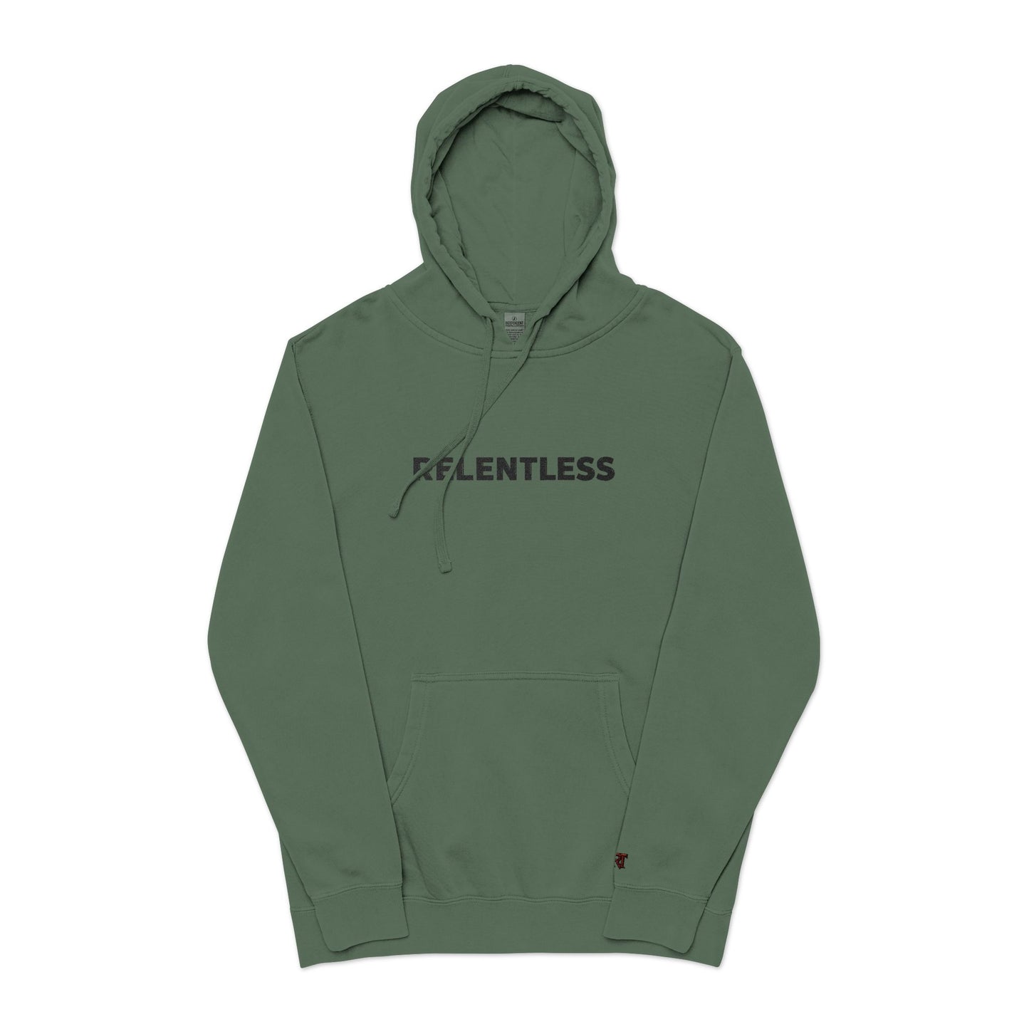 Relentless Hoodie — Embroidered Pigment-Dyed Olive Motivational Pullover