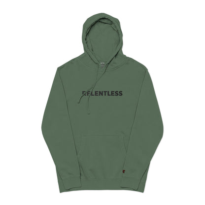 Relentless Hoodie — Embroidered Pigment-Dyed Olive Motivational Pullover