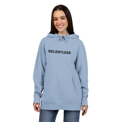 Relentless Hoodie — Embroidered Pigment-Dyed Olive Motivational Pullover