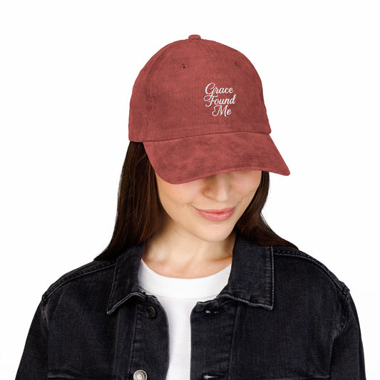 Grace Found Me Vintage Corduroy Cap – Embroidered Christian Hat, Faith-Based Gift, Stylish Vintage Cap for Casual Outfits and Everyday Inspiration