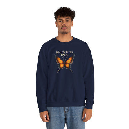 “Beauty Bites Back” Unisex Crewneck Sweatshirt – Heavy Blend Pullover for Casual Wear | Cozy Streetwear Gift for Her, Feminist Fashion Statement