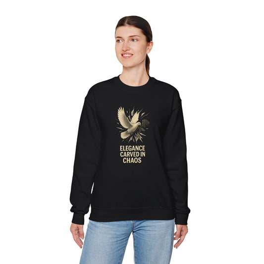 ELEGANCE CARVED IN CHAOS  Unisex Crewneck Sweatshirt – Heavy Blend Pullover for Casual Wear | Cozy Streetwear Gift for Her, Feminist Fashion Statement