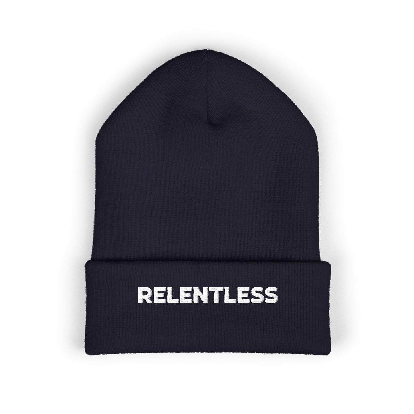 Relentless Embroidered Cuffed Beanie — Bold Motivational Knit Hat