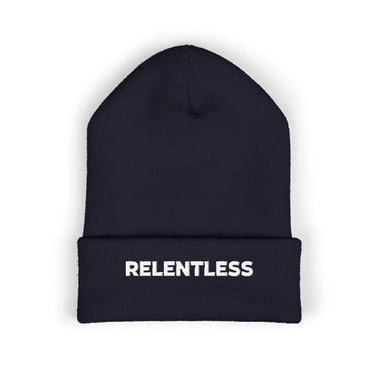 Relentless Embroidered Cuffed Beanie — Bold Motivational Knit Hat