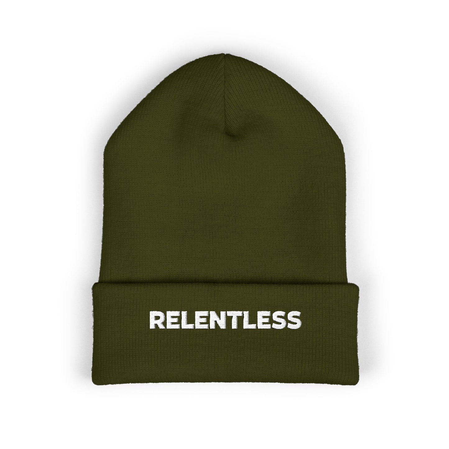 Relentless Embroidered Cuffed Beanie — Bold Motivational Knit Hat