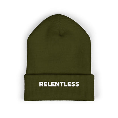 Relentless Embroidered Cuffed Beanie — Bold Motivational Knit Hat