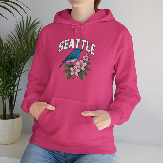Seattle Bird & Floral Unisex Hoodie, Cozy Sweatshirt, Gift for Nature Lovers, Casual Wear, Travel Souvenir, Relaxed Style