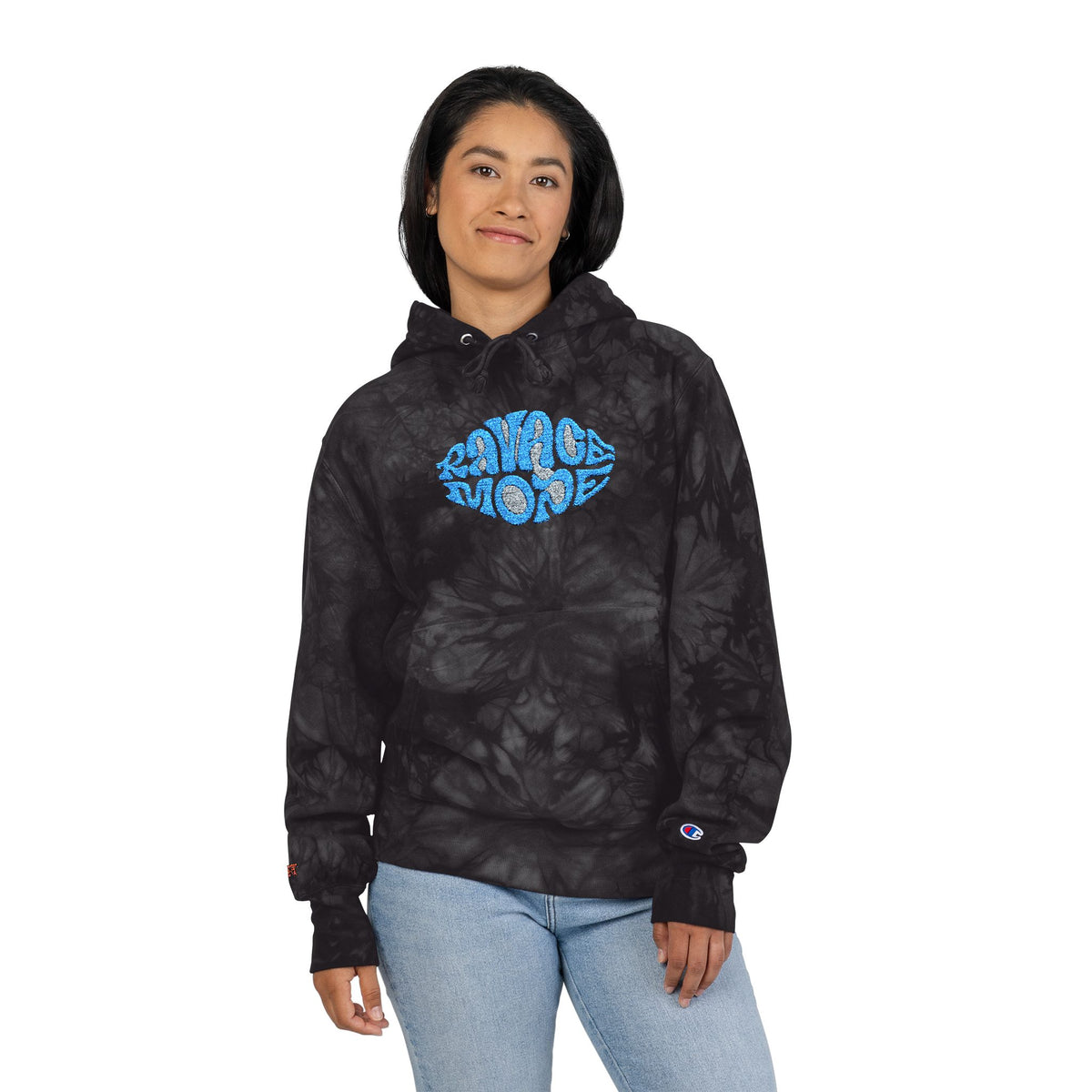 RAVAGE MODE Tie-Dye Embroidered Hoodie – Blue Lip Design