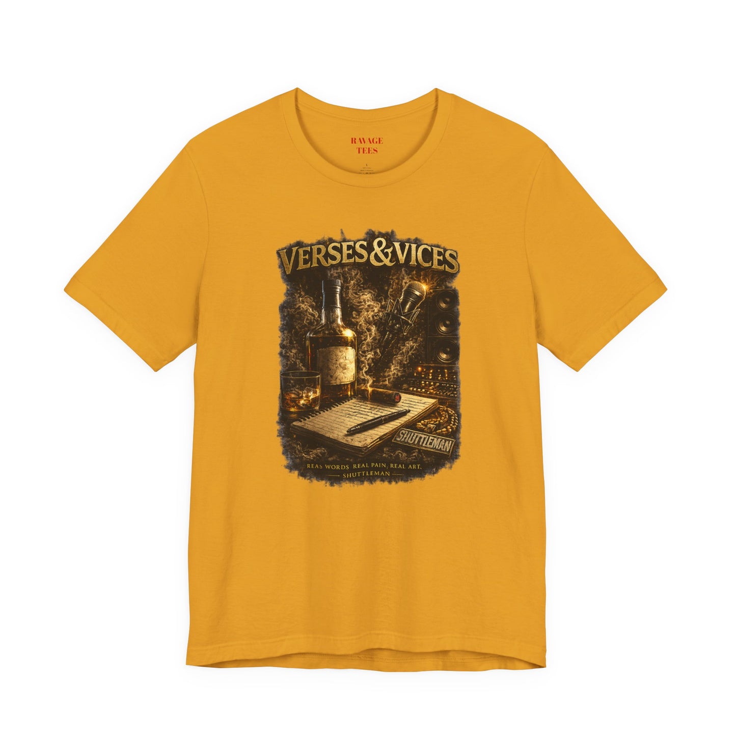 Verses & Vices Tee — Vintage Whiskey & Notebook Graphic T-Shirt
