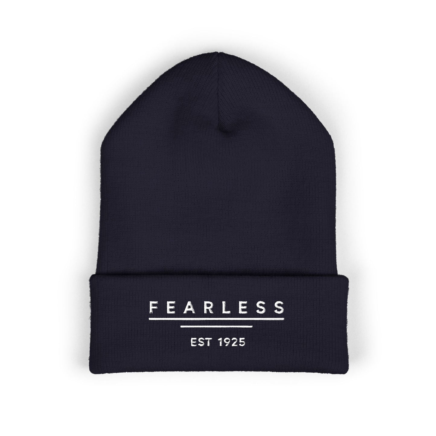 Fearless Embroidered Cuffed Beanie — Bold Black Knit Hat