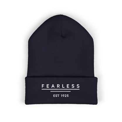 Fearless Embroidered Cuffed Beanie — Bold Black Knit Hat