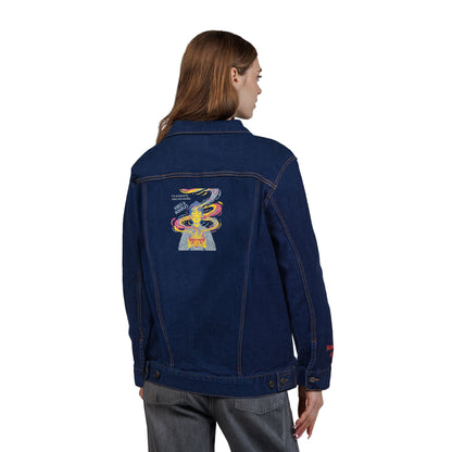 VIBES AND NOODLES Unisex Denim Jacket – Colorful Embroidery, Trendy Streetwear, Casual Fashion Essential, Gift for Style Lovers