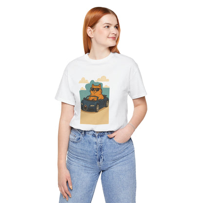 Cat Driving Sports Car Tee — Retro Graphic Cat Race Shirt