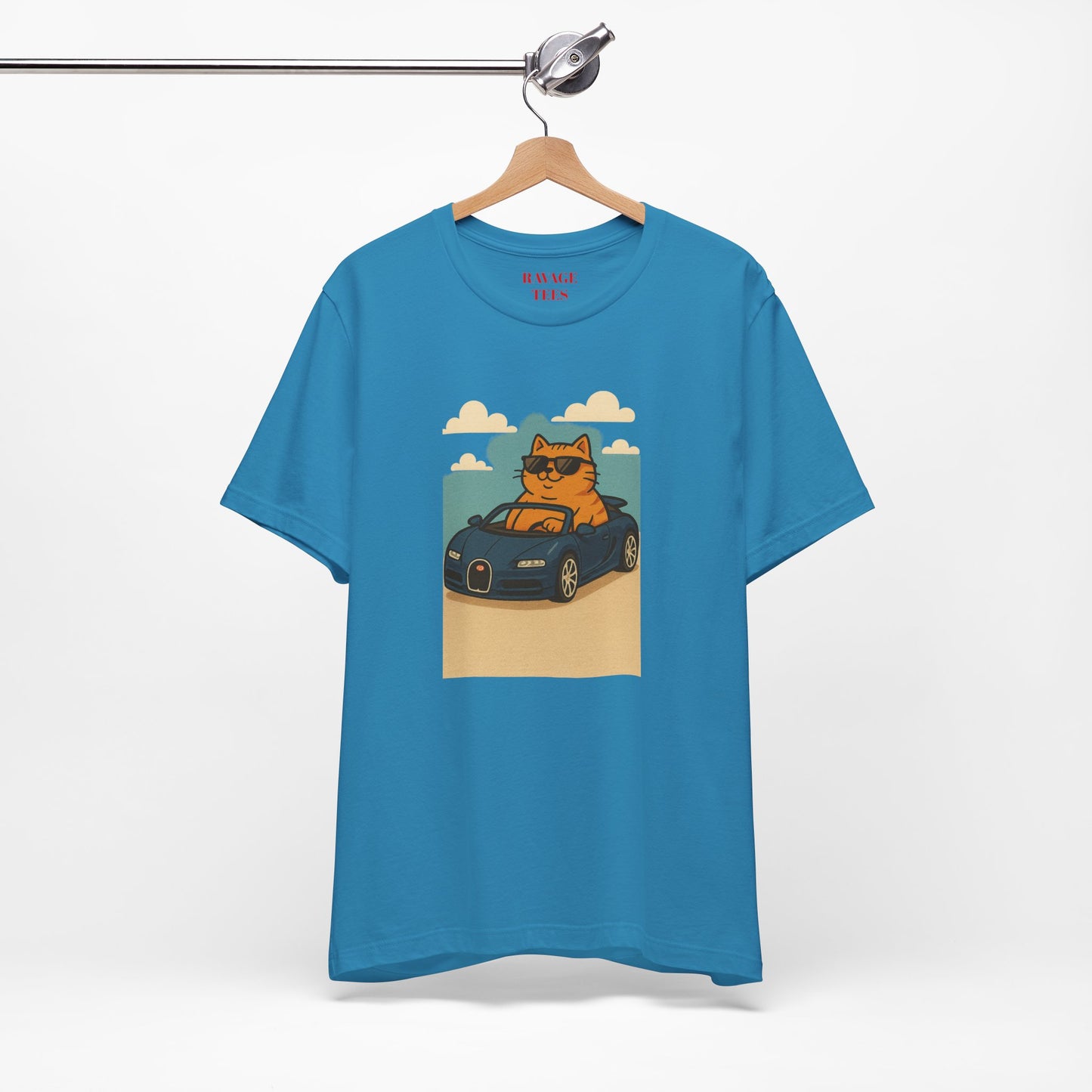 Cat Driving Sports Car Tee — Retro Graphic Cat Race Shirt