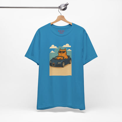 Cat Driving Sports Car Tee — Retro Graphic Cat Race Shirt