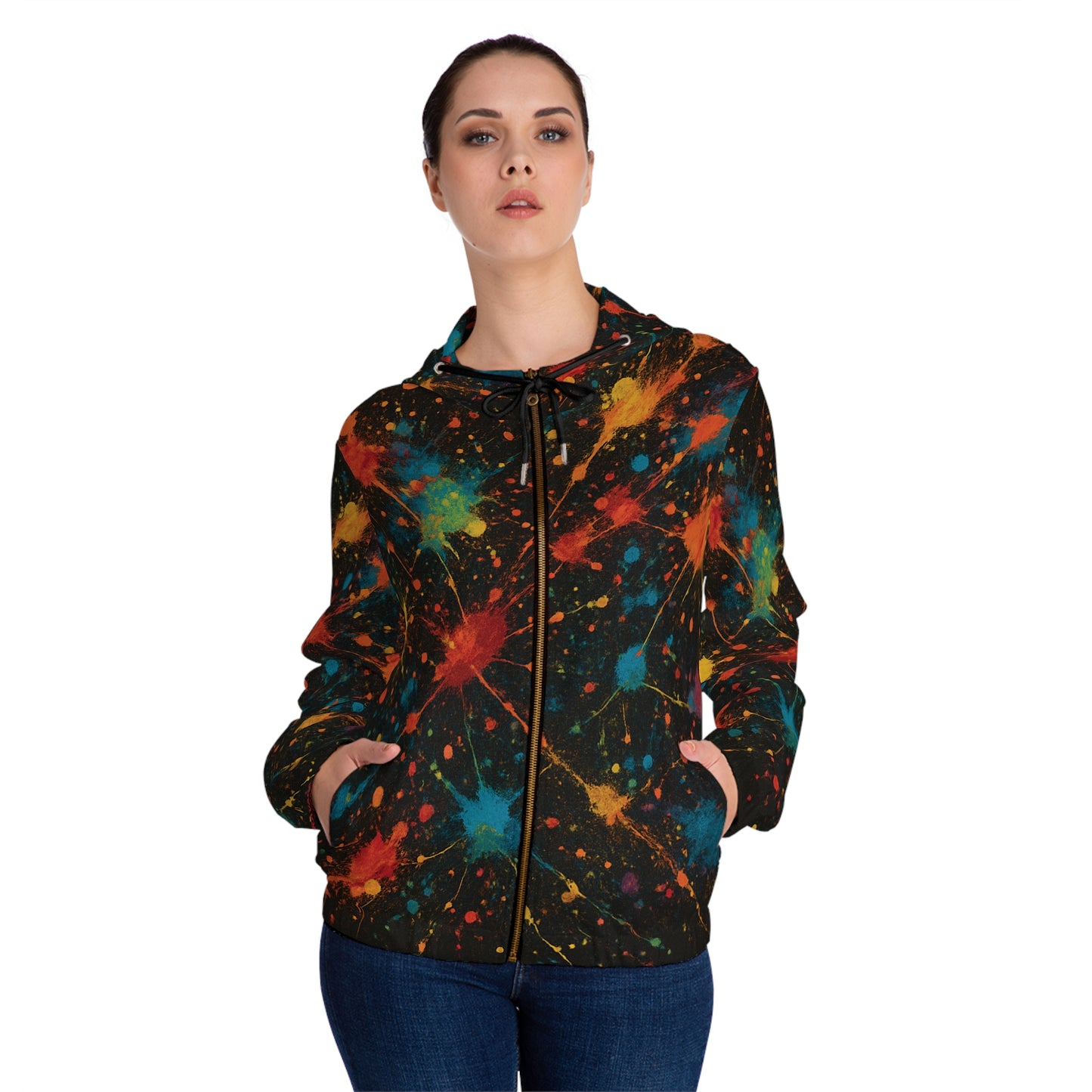 Art of Impact Vibrant Splatter Design Women's Hoodie, Colorful Zip-Up Sweatshirt for Festivals, Casual Wear, Gift for Her, Trendy Activewear