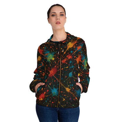 Art of Impact Vibrant Splatter Design Women's Hoodie, Colorful Zip-Up Sweatshirt for Festivals, Casual Wear, Gift for Her, Trendy Activewear