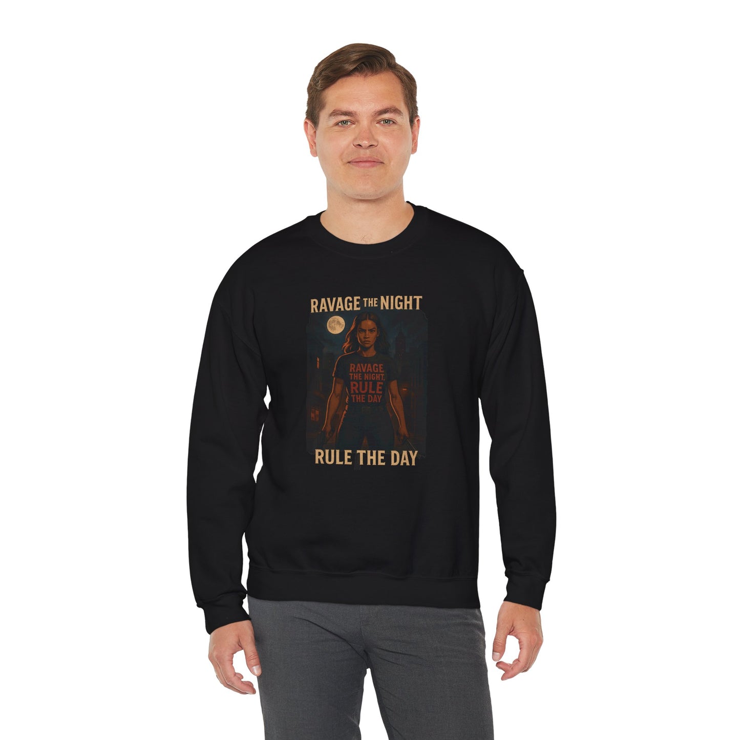 RAVAGE THE NIGHT RULE THE DAY Sweatshirt – Urban Adventure Graphic Sweatshirt, Cool Unisex Streetwear, Casual Wear, Unique Gift