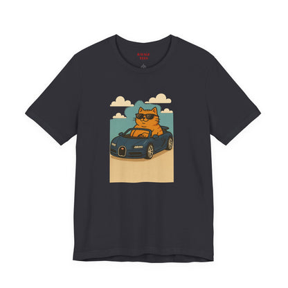 Cat Driving Sports Car Tee — Retro Graphic Cat Race Shirt